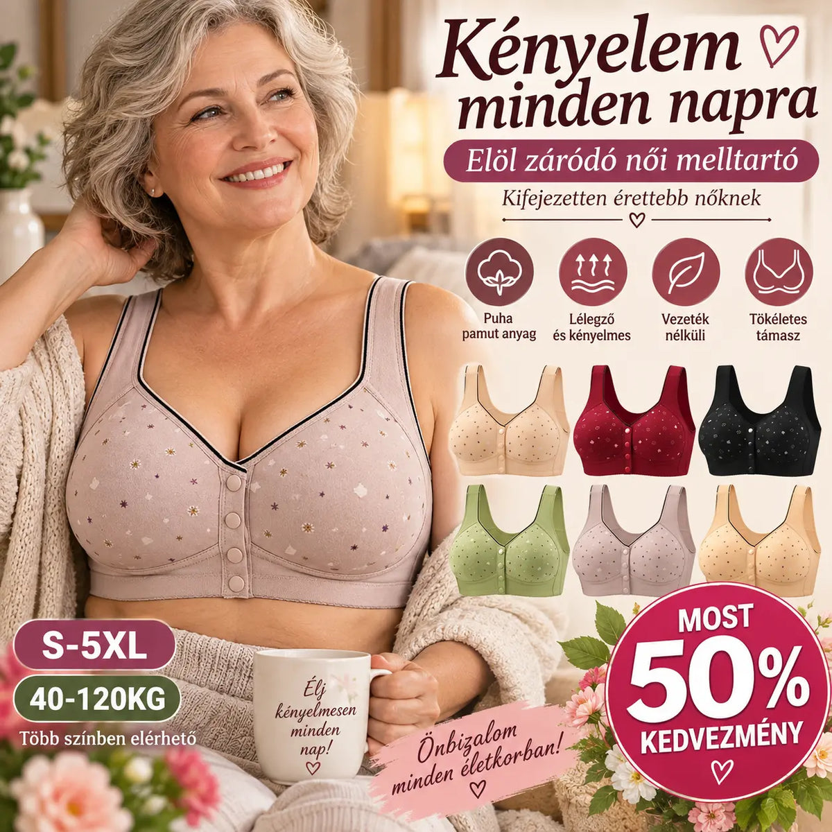 😍【Paquete de 3 piezas】Sujetador sin aros para mujer con botones delanteros 【40-120 kg】❤️Algodón natural antibacteriano y cómodo