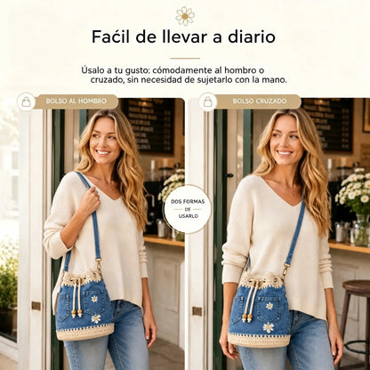 Un bolso de mezclilla tejida de estilo boho que complementa cualquier atuendo ✨