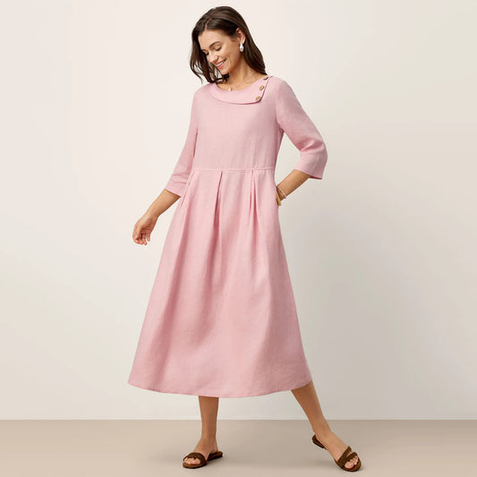 【S-3XL】Vestido Maxi de 100% Lino con Cuello Medialuna y Botones Decorativos