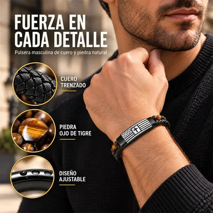 ✝️ Pulsera de Cuero para Hombre con Cruz | Diseño Trenzado de Doble Capa con Piedra Volcánica y Ojo de Tigre