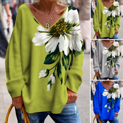 💐【S-2XL】Camiseta de moda para mujer con cuello en V y estampado floral de primavera y otoño