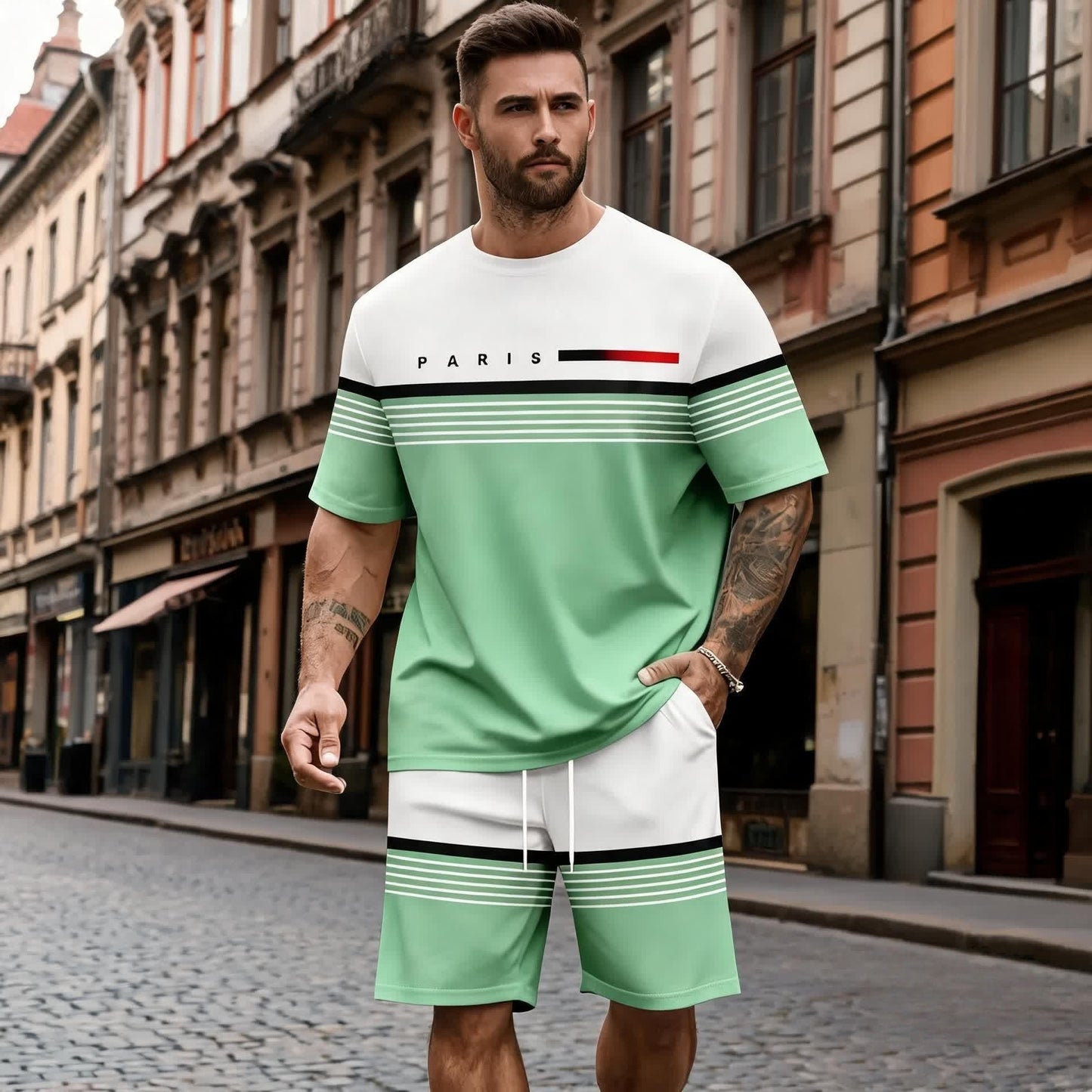 【S-5XL】Pánska ležérna a pohodlná súprava košele a šortiek s krátkym rukávom s potlačou písmen.