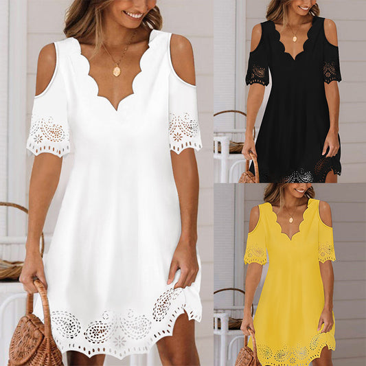 🌷🎀【S-3XL】Letné nové elegantné jednofarebné čipkované šaty s krátkym rukávom a výstrihom do V, mäkké, pohodlné a priedušné
