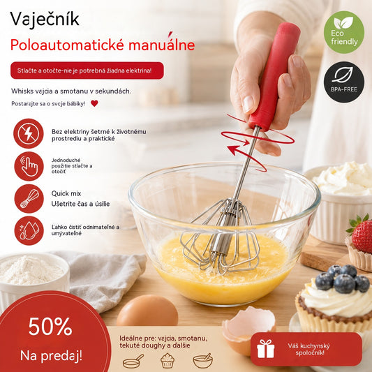 🥳Kúpte 1, získajte 1 zadarmo🥳💞50% zľava!🥚💪  Poloautomatická manuálna metlička na vajcia: stlačte a roztočte – nie je potrebná elektrina. Vyšľahá vajcia a šľahačku za pár sekúnd. Šetrná k vašim zápästiam! ✨🧁
