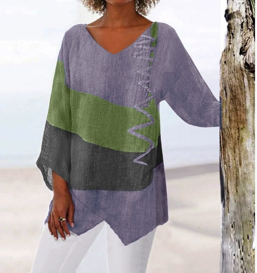 ⏳ Último día - 50% de descuento 😍【S~5XL】Elegante top casual para mujer con cuello en V y mangas largas, estampado artístico