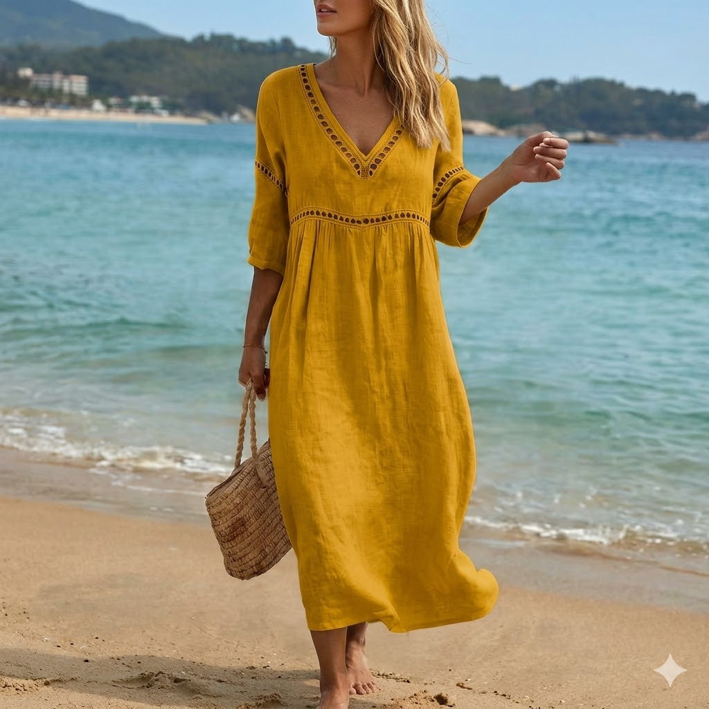 💎2026 Alta calidad💎【S-3XL】Vestido de mujer de algodón y lino con cuello en V, transpirable y suave, cómodo de llevar