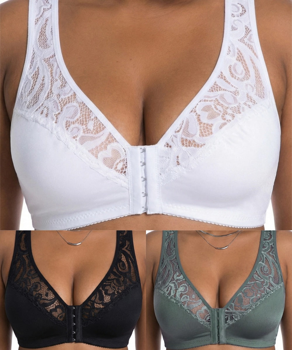💖Najnižšia cena vôbec【3-dielna sada】【L-4XL】😍🩲Podprsenka s push-up strihom pre väčšie veľkosti, krásna čipka, push-up a vyklenutý dizajn, zapínanie vpredu