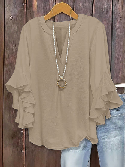 【L-5XL】Camisa de mujer con escote en V y volantes para tallas grandes.