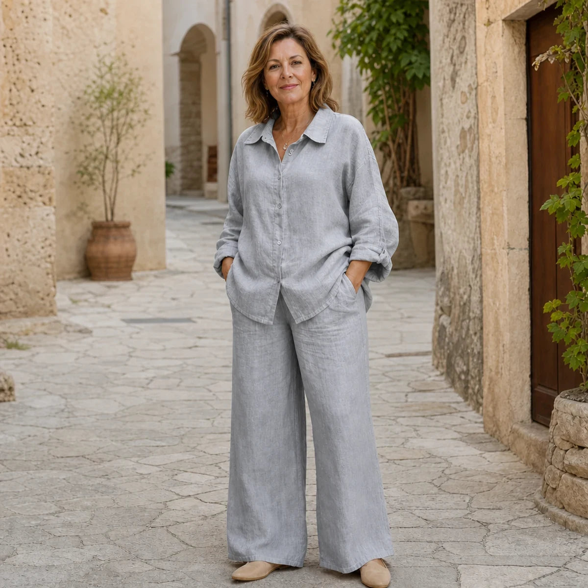 ✨ Nuevo Conjunto Lino Mujer, Camisa + Pantalón, Estilo Casual Elegante