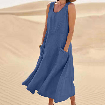 🌈👗【12 farieb, S-5XL】💖 Nové elegantné jednofarebné šaty bez rukávov s okrúhlym výstrihom z bavlny a ľanu na leto 2025.