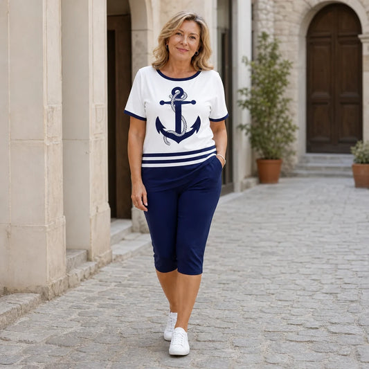 【S-4XL】✨(Camiseta + pantalón) Conjunto de dos piezas de verano para mujer: camiseta y pantalones cortos con estampado de anclas, estilo marinero.