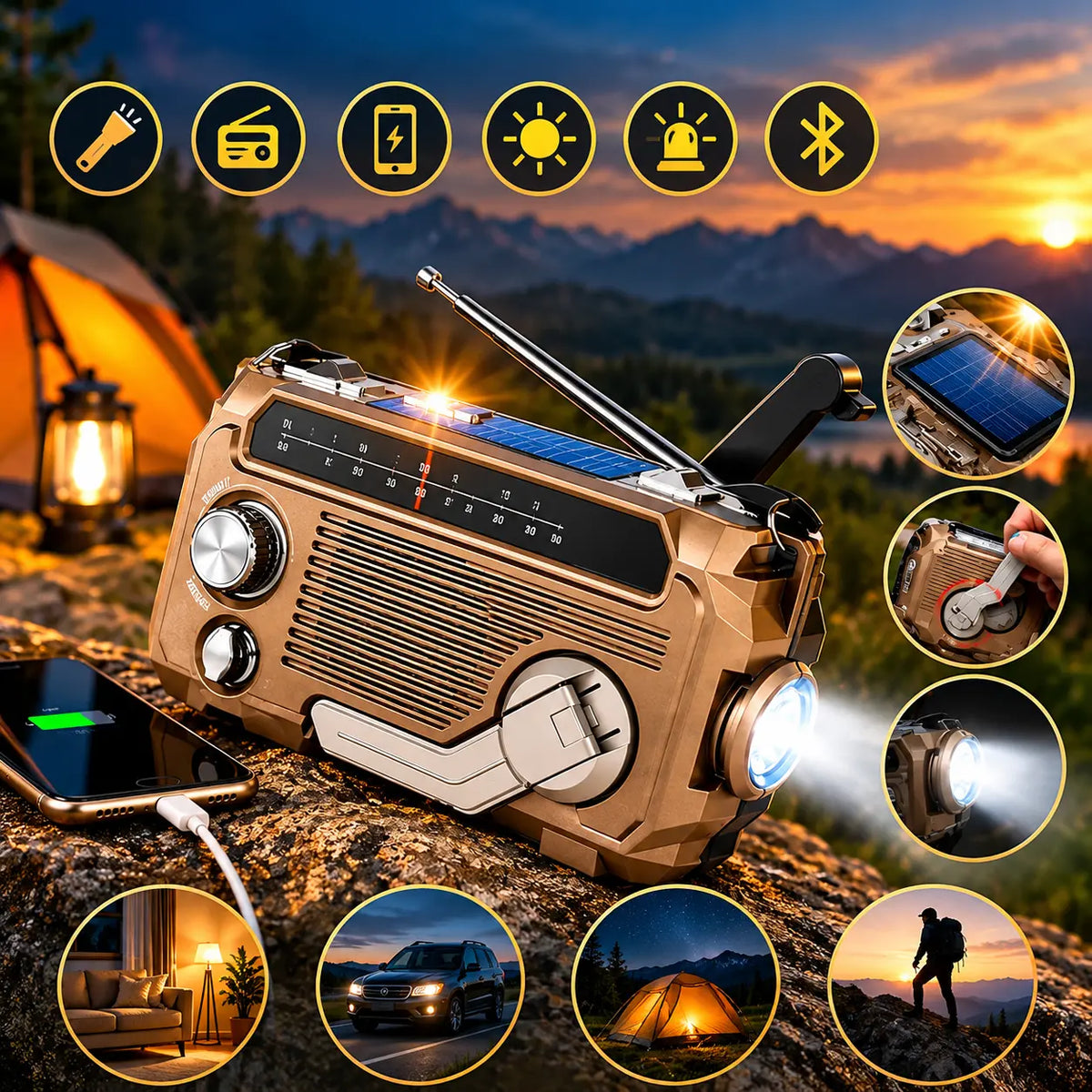 Radio de emergencia portátil con carga manual y luz LED