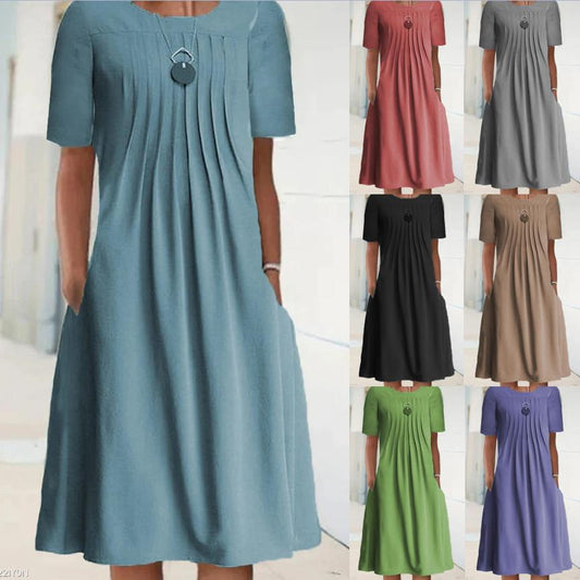 👗🌷【S-3XL】Nové letné ležérne jednofarebné šaty s okrúhlym výstrihom a krátkym rukávom z bavlny a ľanu z roku 2025