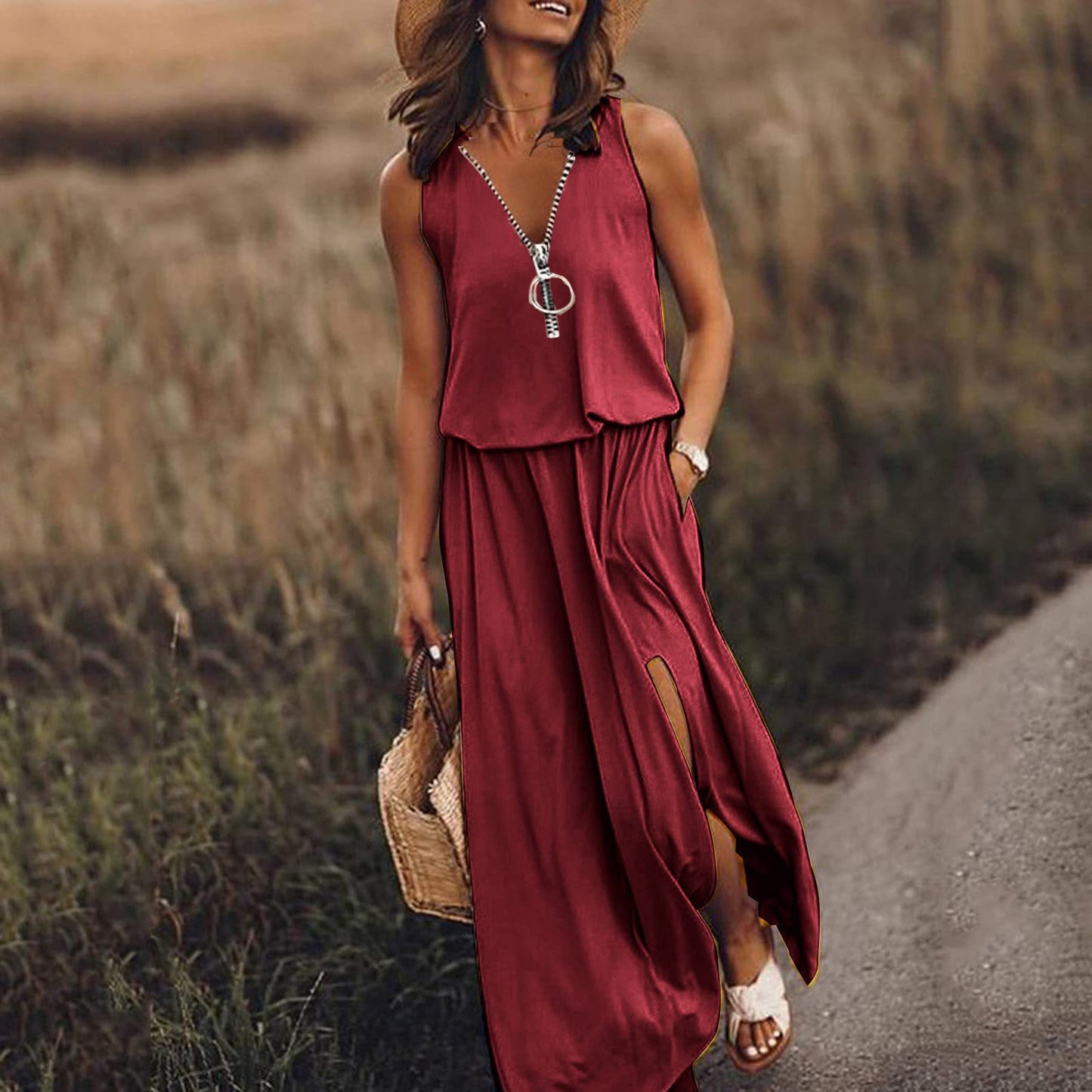 👗【S-4XL】Nuevo vestido de verano liso sin mangas con bajo asimétrico y abertura.✨