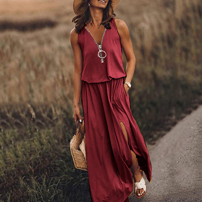 👗【S-4XL】Nuevo vestido de verano liso sin mangas con bajo asimétrico y abertura.✨