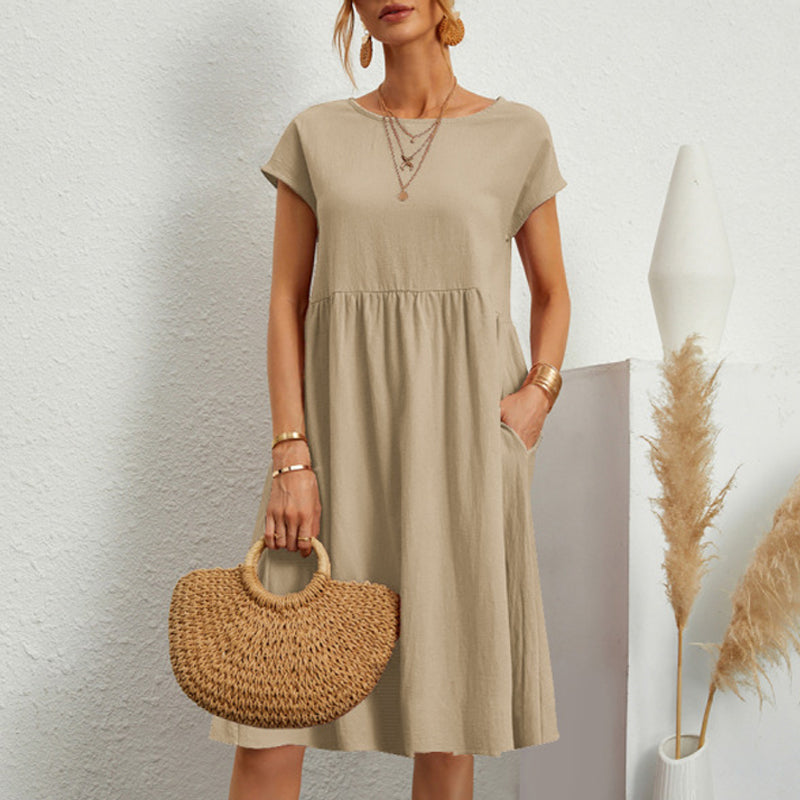 ✨ ✨ 【S-5XL】👗2025 Dámske bavlnené ľanové šaty s okrúhlym výstrihom a voľnými líniami