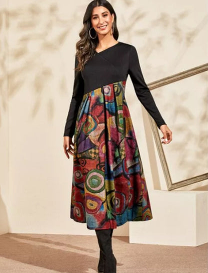 👗【S-3XL】Nové jesenné a zimné dámske patchworkové šaty s dlhým rukávom
