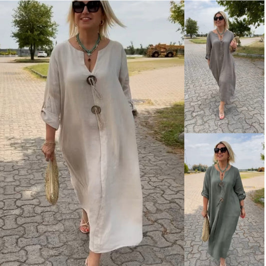 💖👗【S-5XL】Neformálne šaty z bavlny a ľanu s výstrihom do V 3688279