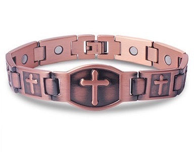 🎁💙 Pánský měděný náramek s křížem, magnetický léčivý náramek, se 46 vestavěnými magnety - 99,99% čistá měď