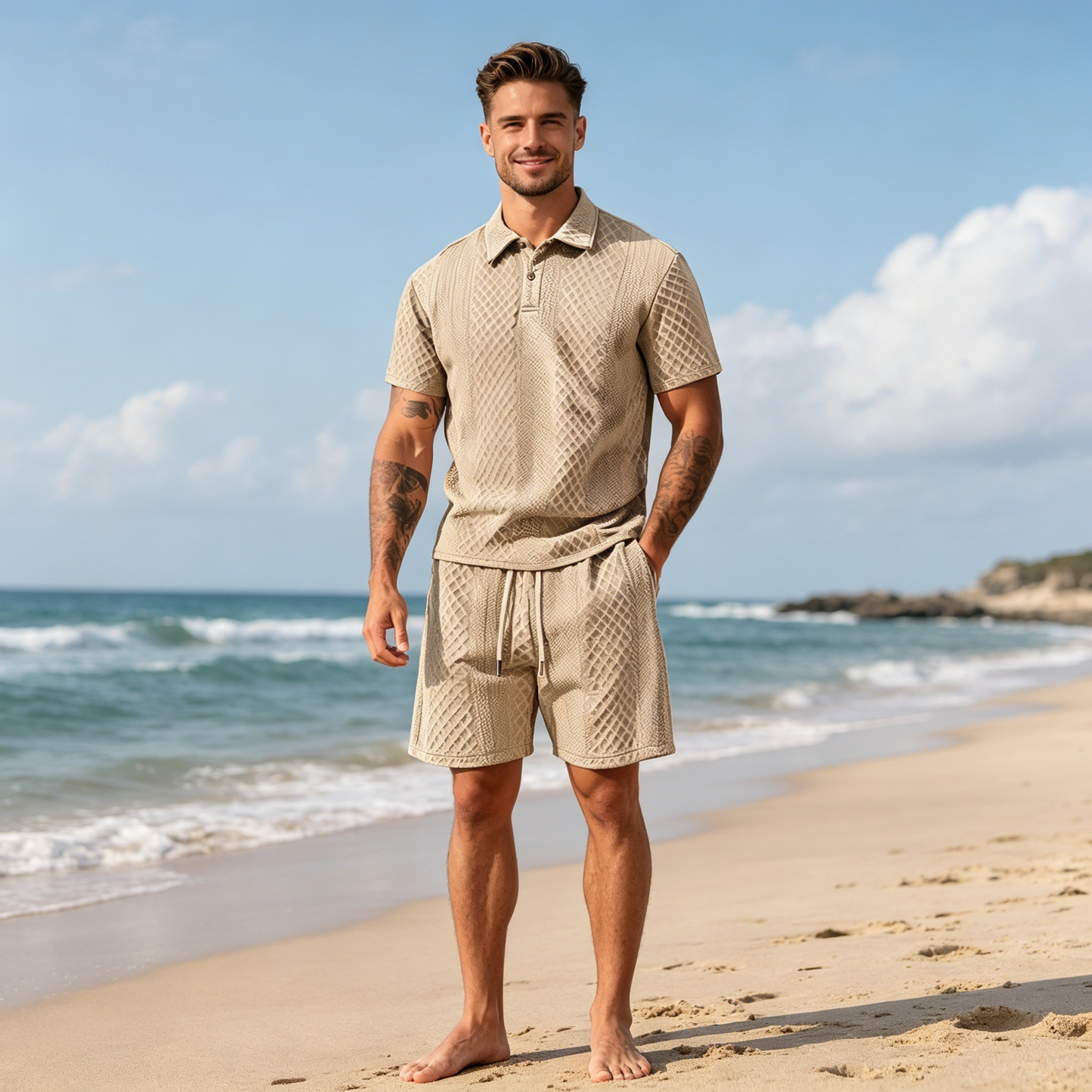 【S-3XL】Conjunto Verano Hombre 🏖️ Polo Corto + Shorts Jacquard, Casual Playa