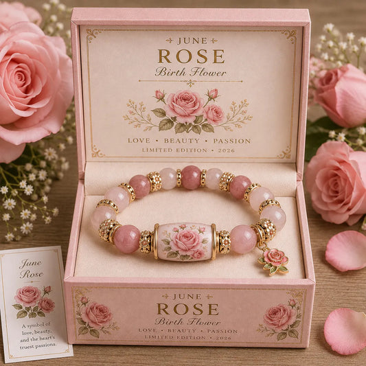 🔥【Compra 1 y llévate 1 gratis】🎁✨Pulsera de flores de cumpleaños de diciembre con colgante de rosa en forma de gota de aceite de aleación y pulsera de calcedonia🌸