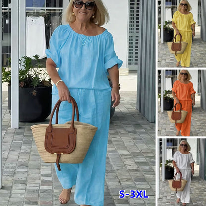 👑💃Conjunto de Verano 2026: Corte Relajado en Algodón y Lino 【Blusa de Cuello Redondo con Cordón + Pantalones】