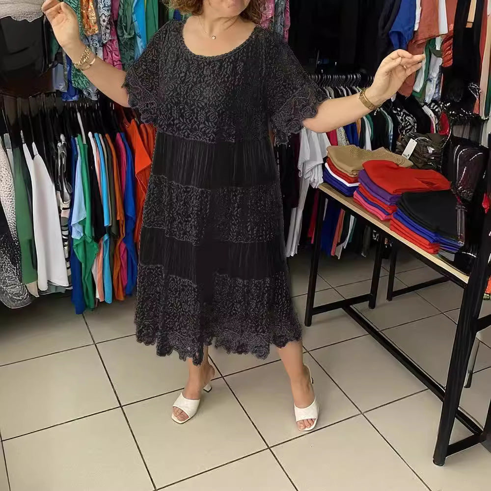 【S-5XL】Nuevo vestido de encaje con cuello redondo y manga corta 2026 【40-120 kg】