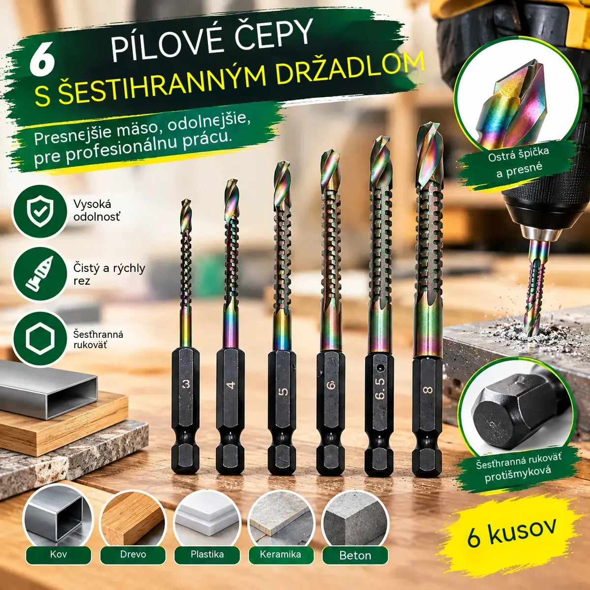 🛠️🔧(6 ks) 2 v 1 titánom potiahnutý vysokorýchlostný oceľový skrutkový vrták - šesťhranná stopka, vhodný na vŕtanie a drážkovanie do dreva a kovu🔩