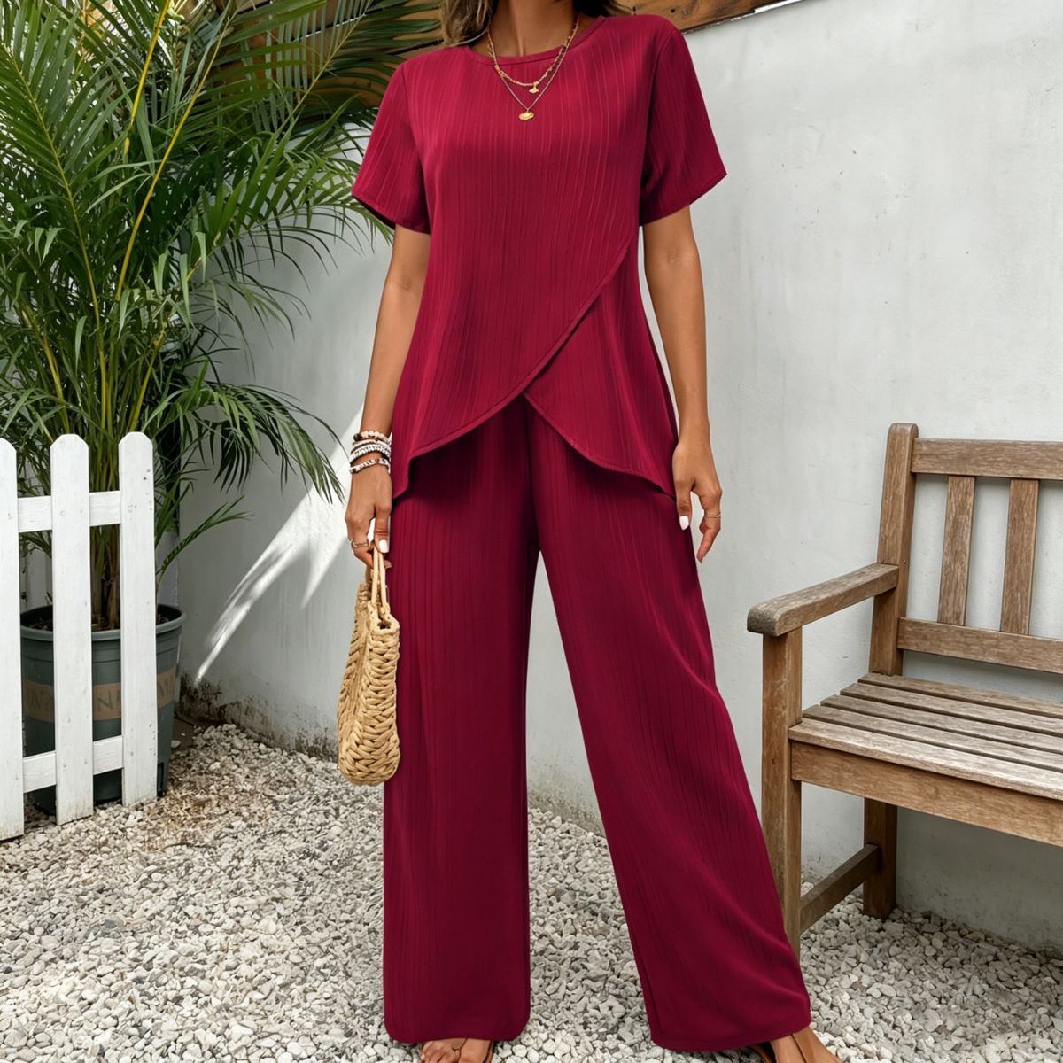 👗 Conjunto para mujer tallas S–3XL – corte casual, mangas cortas, cuello redondo, diseño asimétrico (top + pantalón)