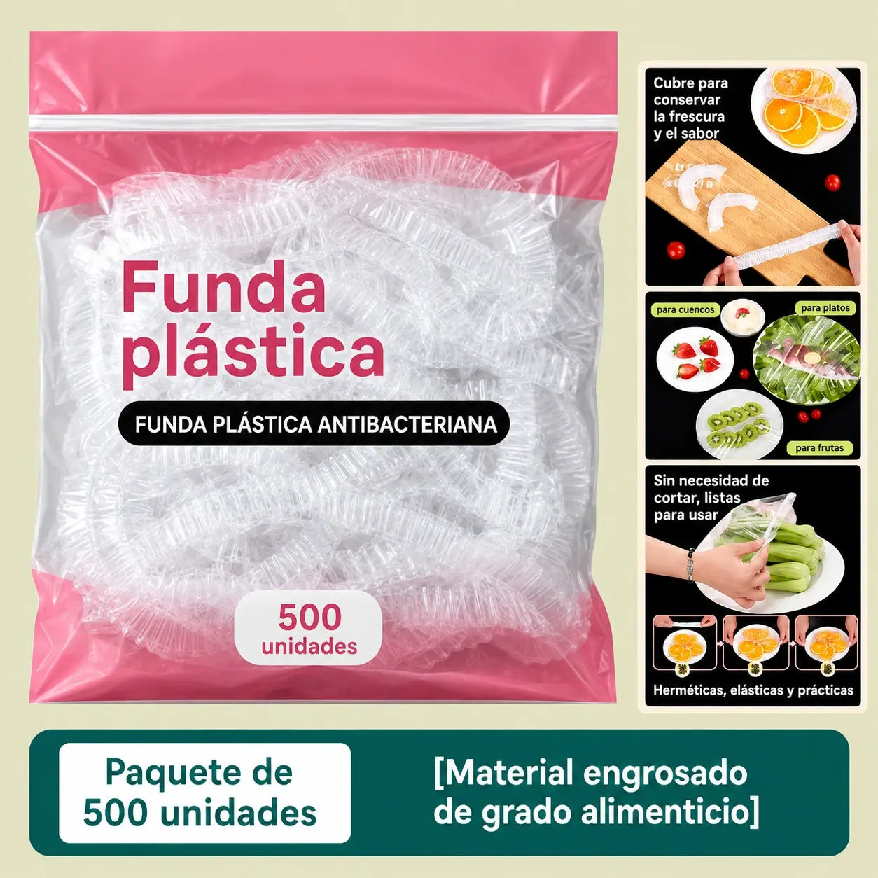 【50% DE DESCUENTO】500 bolsas de plástico reutilizables y elásticas, aptas para el contacto con alimentos