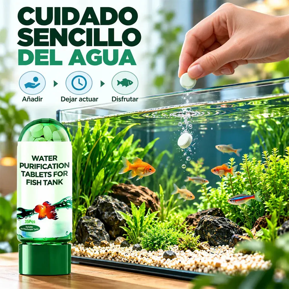 💧🐟【2 frascos / 70 pastillas】Tabletas purificadoras de agua para acuario – ayudan a mejorar la claridad, reducen algas y fórmula suave para peces, camarones y plantas acuáticas.
