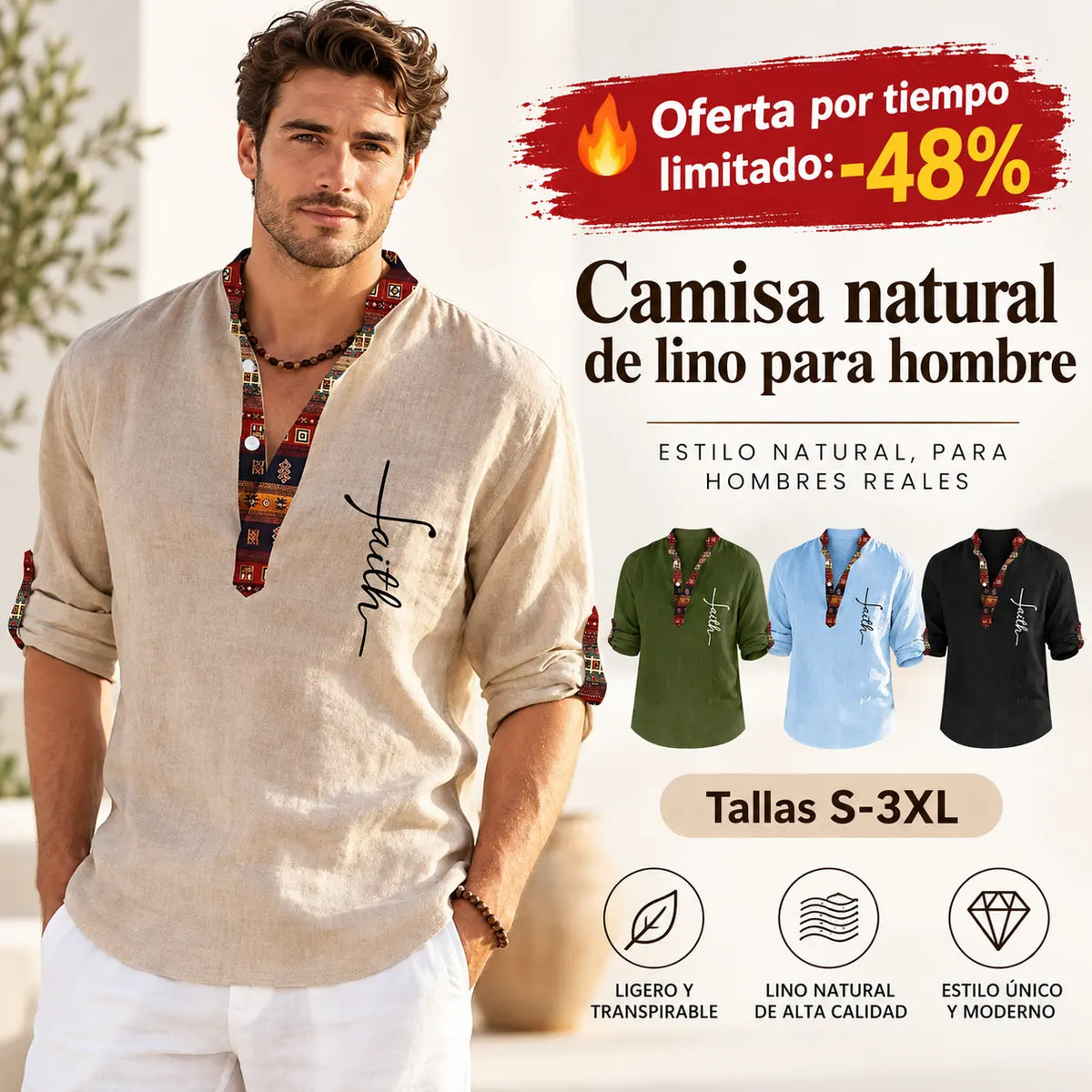 🔥Oferta por tiempo limitado: -48%🔥S-3XL-Nueva camisa de lino natural con cuello en V para hombre