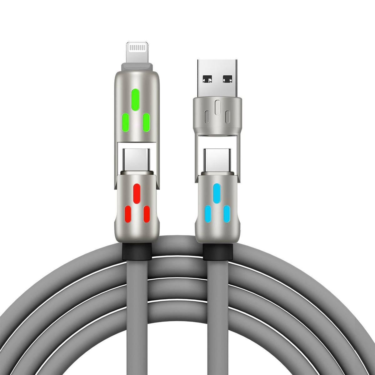 🔥 【2 kusy za 22 €】 🔥 (2 metre dlhý) 4-v-1 PD 240W kábel – rýchle nabíjanie (USB‑C, Lightning a USB‑A), hliník a silikón, synchronizácia dát ⚡📱