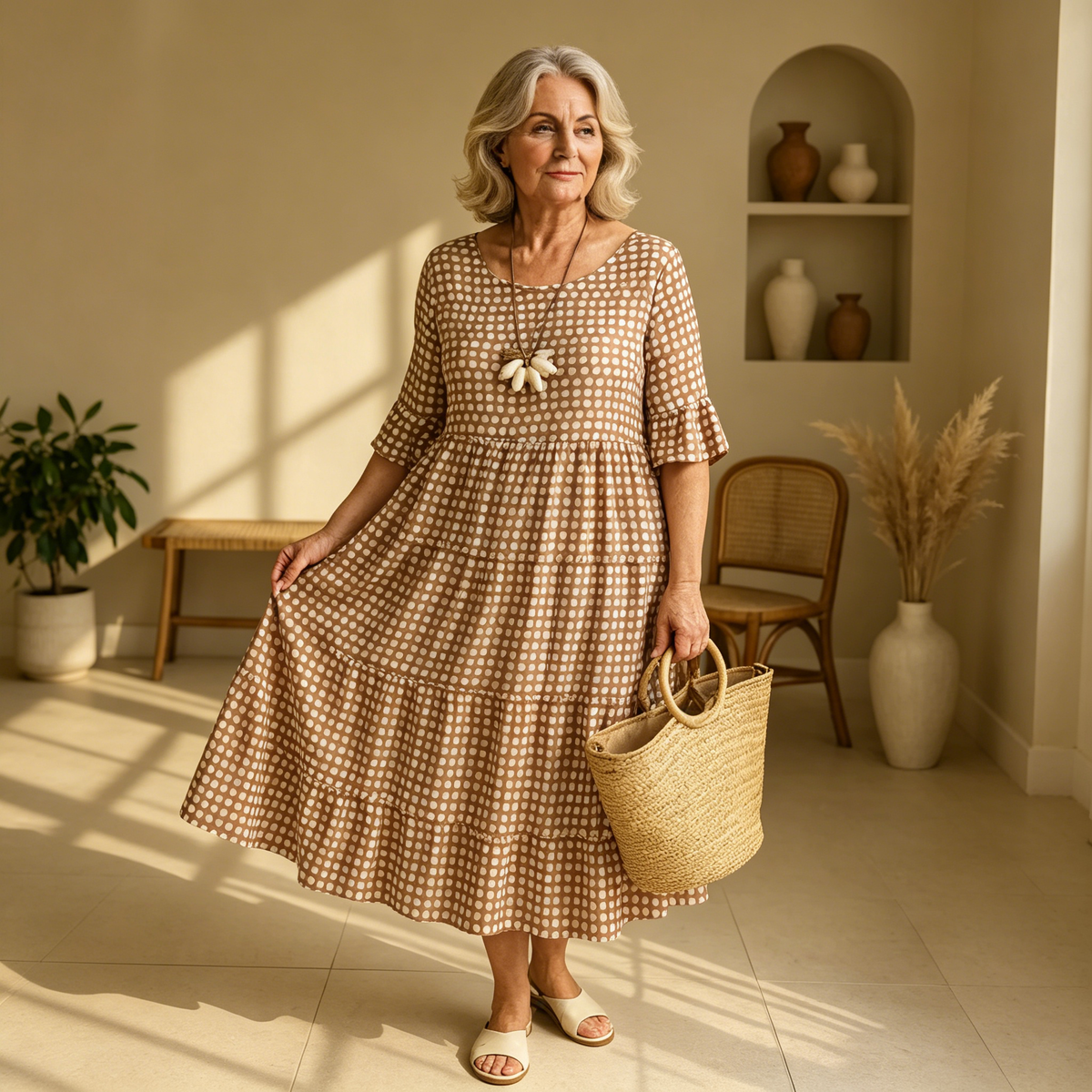 【S-4XL】Iris | Vestido midi beige de manga corta