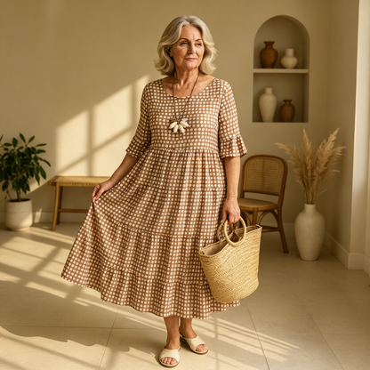 【S-4XL】Iris | Vestido midi beige de manga corta