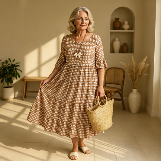 【S-4XL】Iris | Vestido midi beige de manga corta