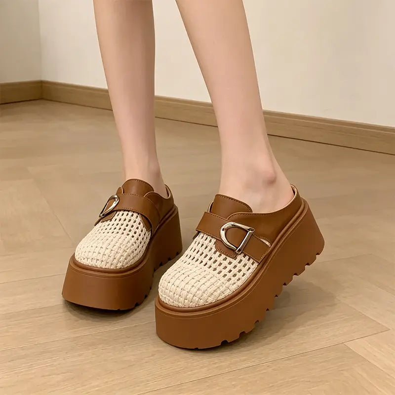 Zuecos con plataforma track para verano: diseño de tejido calado transpirable, estilo retro moderno, tallas 35-40