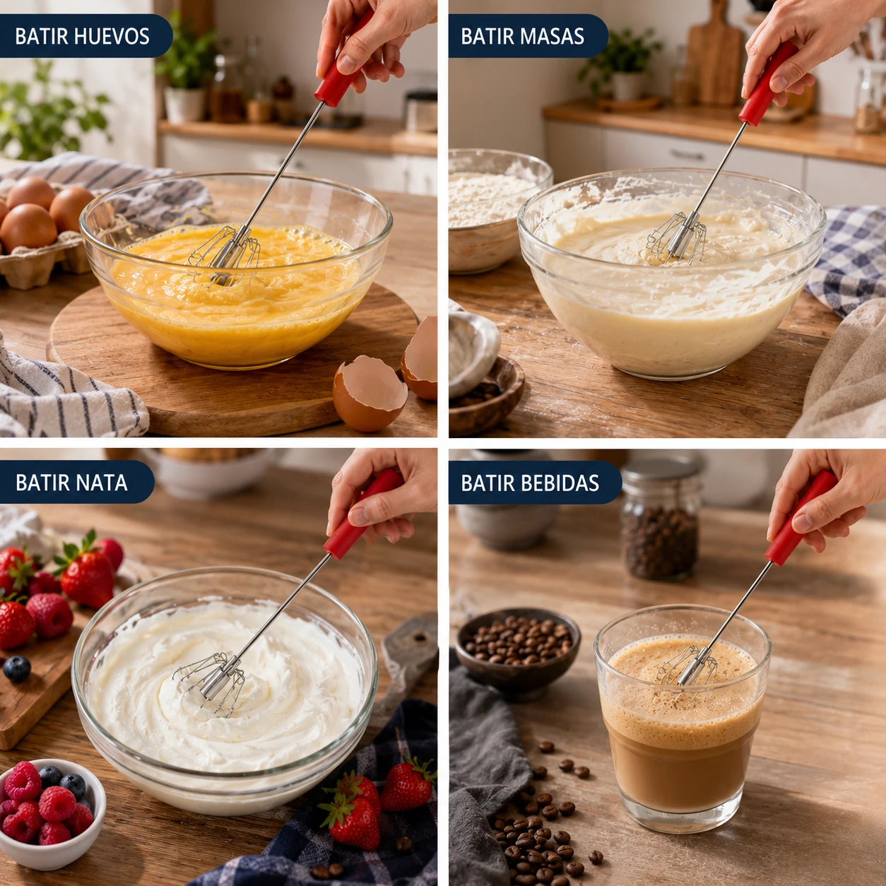 🥳Compra 1 y llévate 1 gratis🥳💞¡Más de 50.000 unidades vendidas!🥚💪 ¡50% de descuento! Batidor de huevos manual semiautomático: presiona y gira, sin electricidad. Bate huevos y nata en segundos. ¡Cuida tus muñecas! ✨🧁