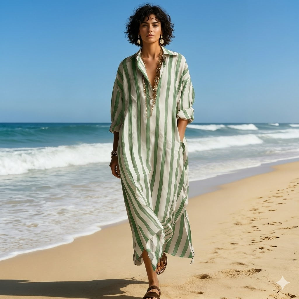 😍-50%🌴[S-3XL]Vestido camisero elegante de rayas sueltas con escote en V para mujer, ideal para el verano🌊