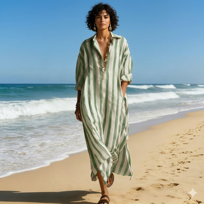 😍-50%🌴[S-3XL]Vestido camisero elegante de rayas sueltas con escote en V para mujer, ideal para el verano🌊
