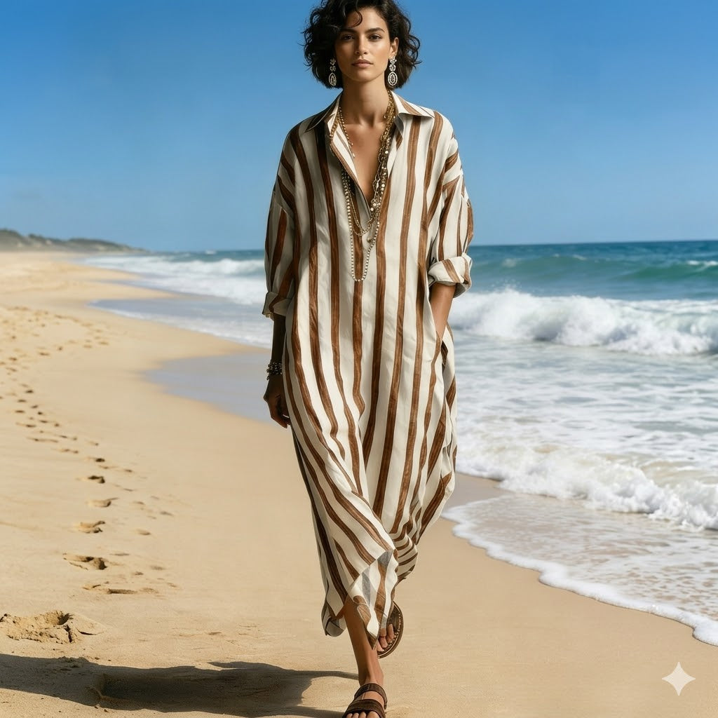 😍-50%🌴[S-3XL]Vestido camisero elegante de rayas sueltas con escote en V para mujer, ideal para el verano🌊