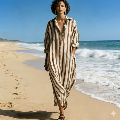 😍-50%🌴[S-3XL]Vestido camisero elegante de rayas sueltas con escote en V para mujer, ideal para el verano🌊