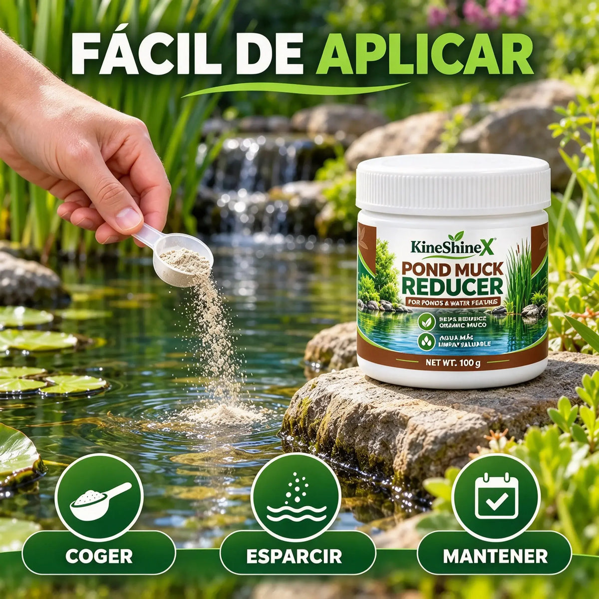 Polvo para clarificar el agua de estanques de jardín y piscinas.