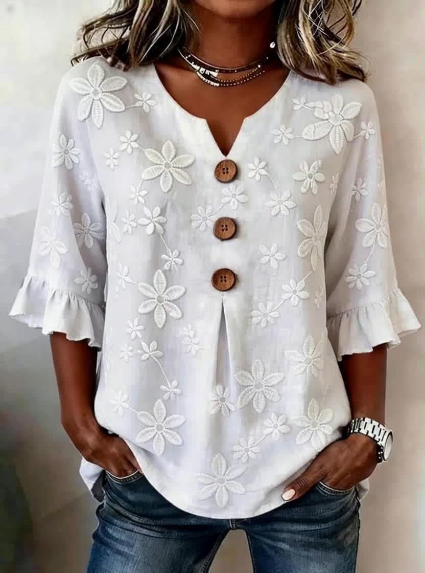 🌟🌟【S-3XL】Camiseta de mujer cómoda y transpirable con mangas abullonadas y diseño de cuello en V con botones.