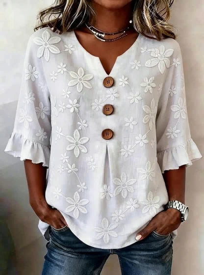 🌟🌟【S-3XL】Camiseta de mujer cómoda y transpirable con mangas abullonadas y diseño de cuello en V con botones.
