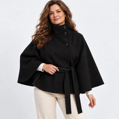 【S-3XL】Nueva chaqueta de estilo capa para mujer, ideal para otoño e invierno – diseño liso, con cuello alzado, botones y cinturón