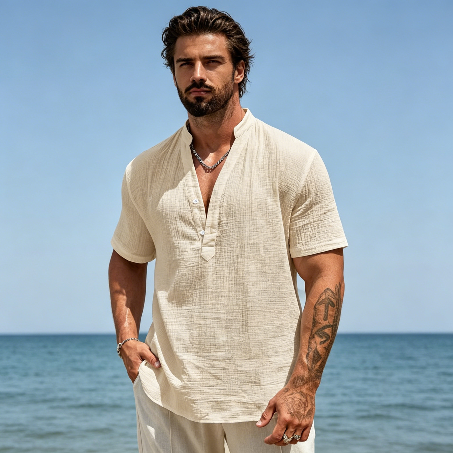 【S-3XL】🔥 Rebajas -50%: Camisa de Lino Holgada con Cuello en V para Hombre. Tu Mejor Opción para la Playa ✅ Pago Contra Reembolso