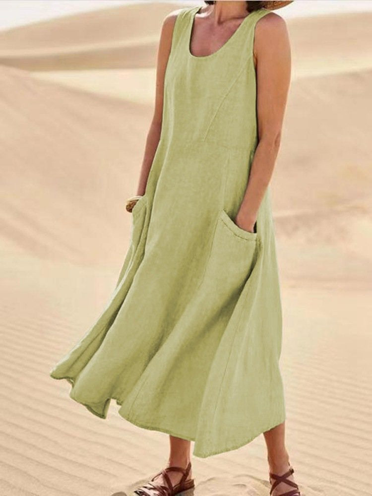 🌈👗【12 farieb, S-5XL】💖 Nové elegantné jednofarebné šaty bez rukávov s okrúhlym výstrihom z bavlny a ľanu na leto 2025.