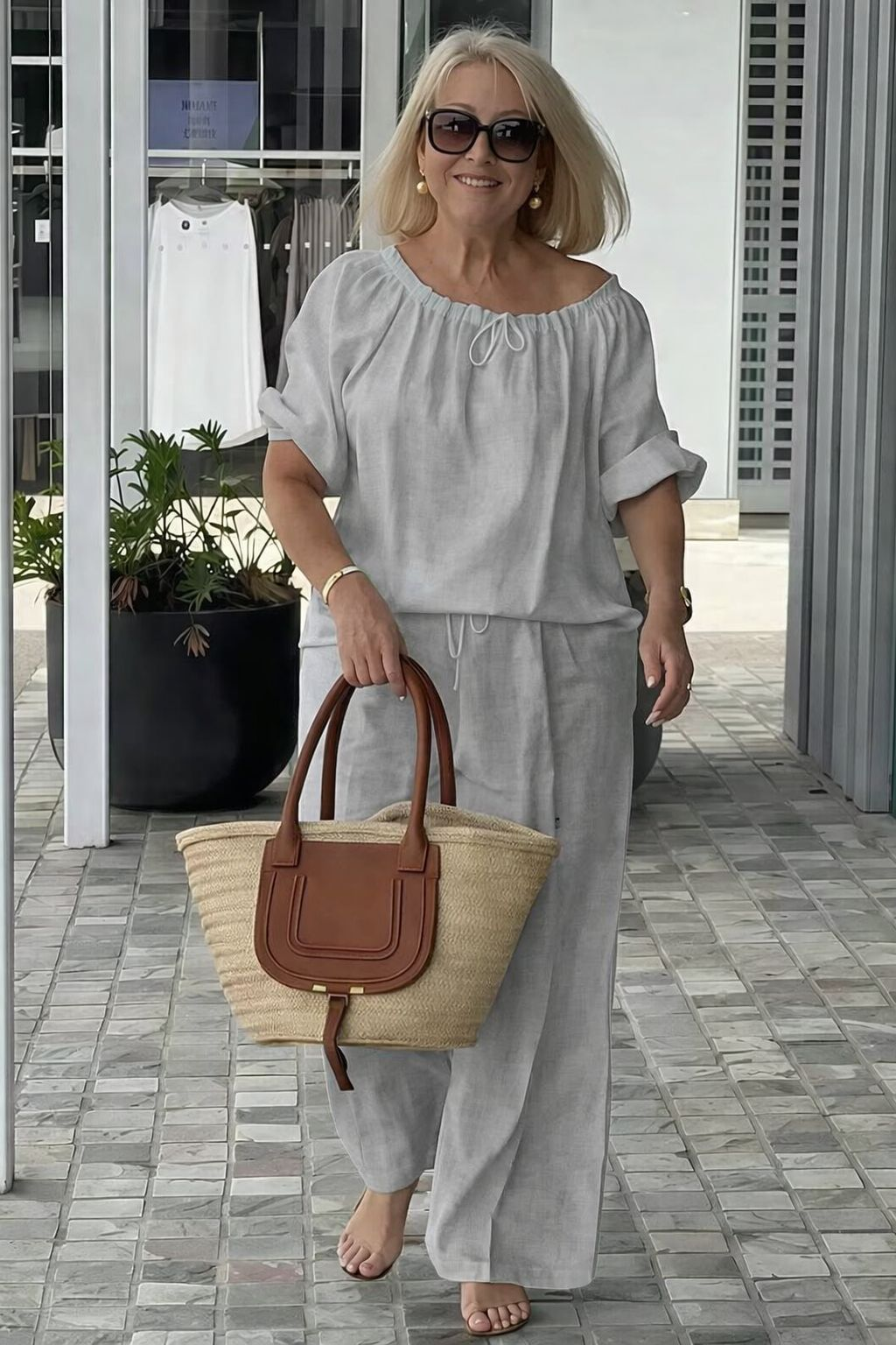 👑💃Conjunto de Verano 2026: Corte Relajado en Algodón y Lino 【Blusa de Cuello Redondo con Cordón + Pantalones】