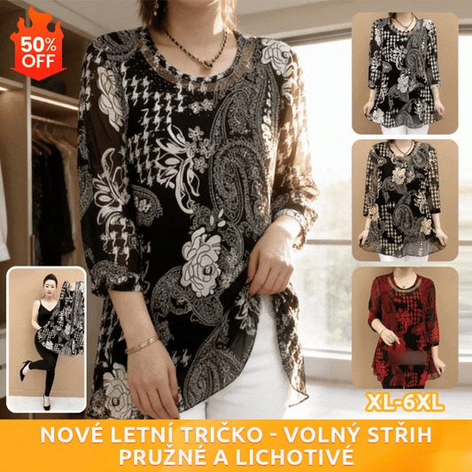 👚🔥【XL-6XL】Nové letné tričko 2026, voľný a elastický vrch, účinne zakryje bruško.